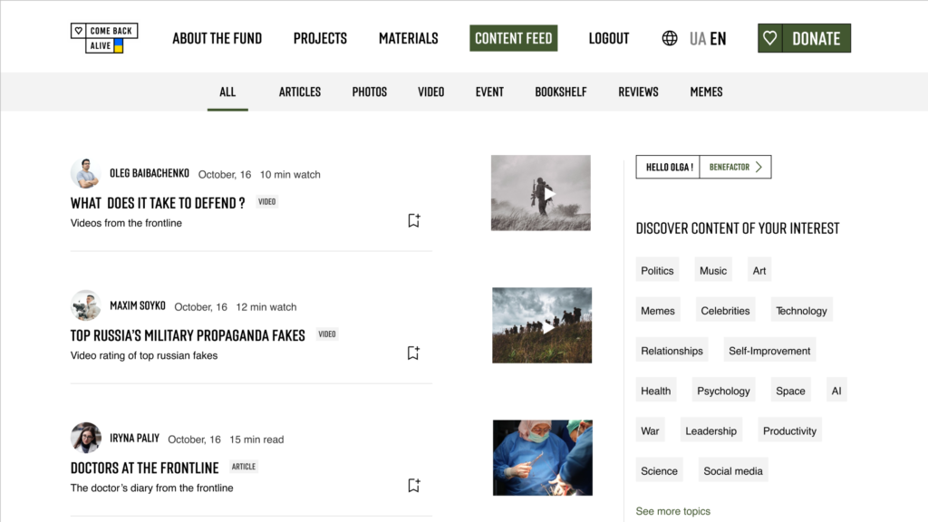 Exclusive content platform for Come Back Alive nonprofit Foundation